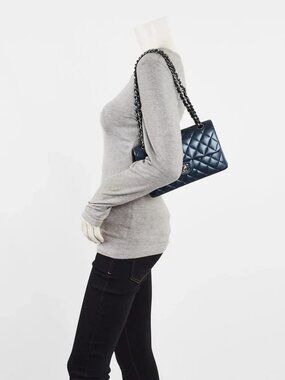 Chanel Iridesent Dark Blue Quilted Lambskin Leather Classic Small Double